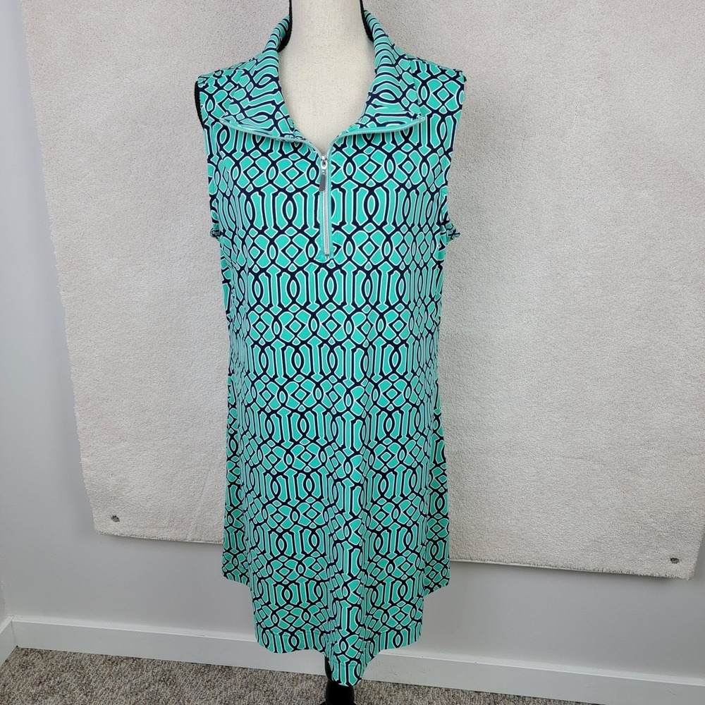 Anthony's Resortwear Women XL Teal Navy Geometric Quart Zip Travel Shift Dress - Picture 2 of 9
